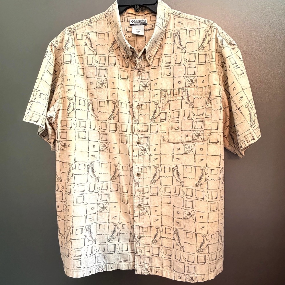 Columbia River Lodge Shirt Mens XXL Tan Excellent Fish Print Cotton FM7219